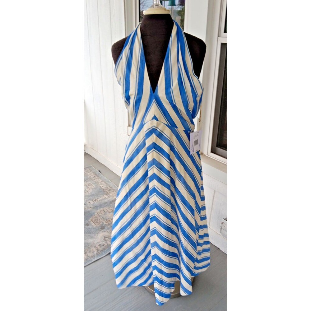Mestiza New York Copacabana Halter Dress Santorini Stripe L Fit Flare Midi NWT